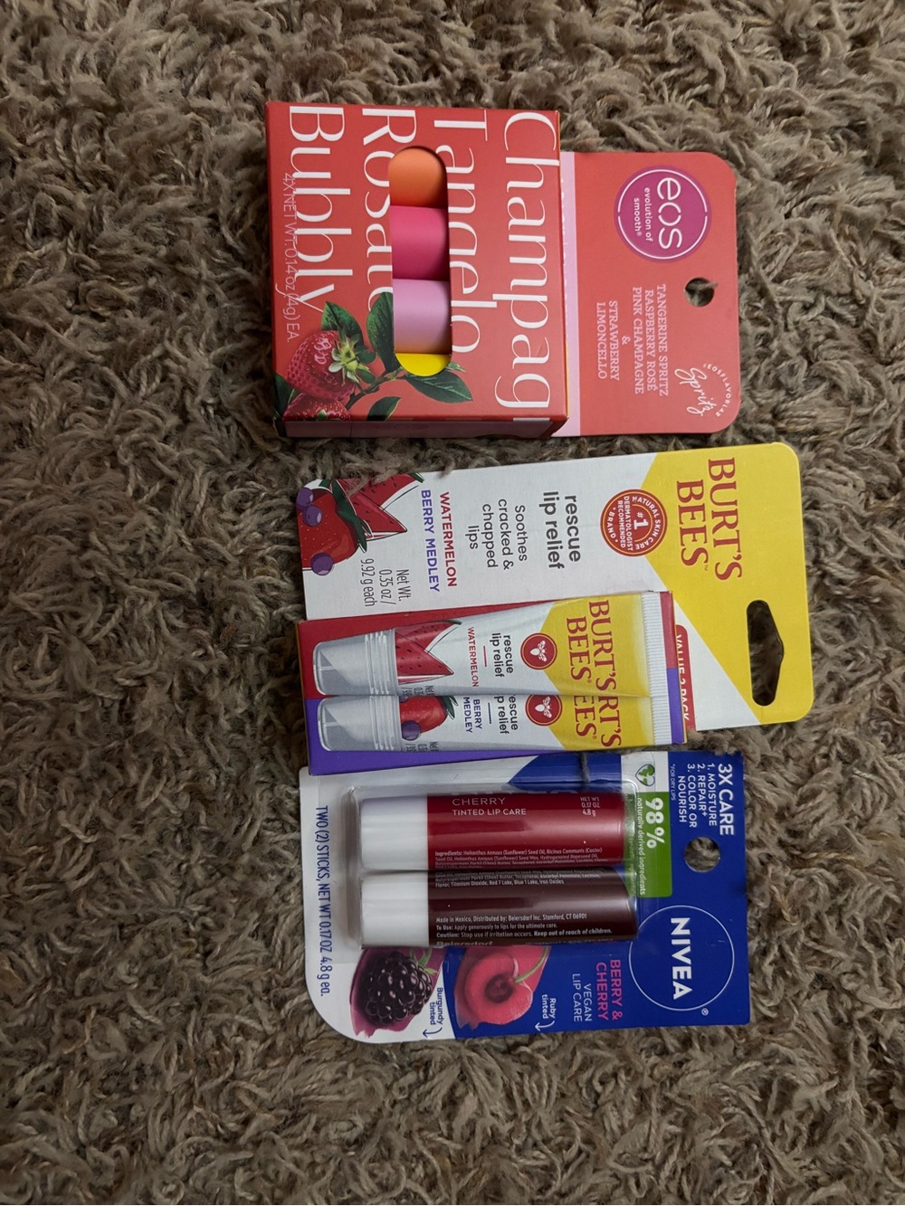 Assorted Balms Bundle – EOS, Burt's Bees, Nivea (Pink/Red/Yellow/Orange)